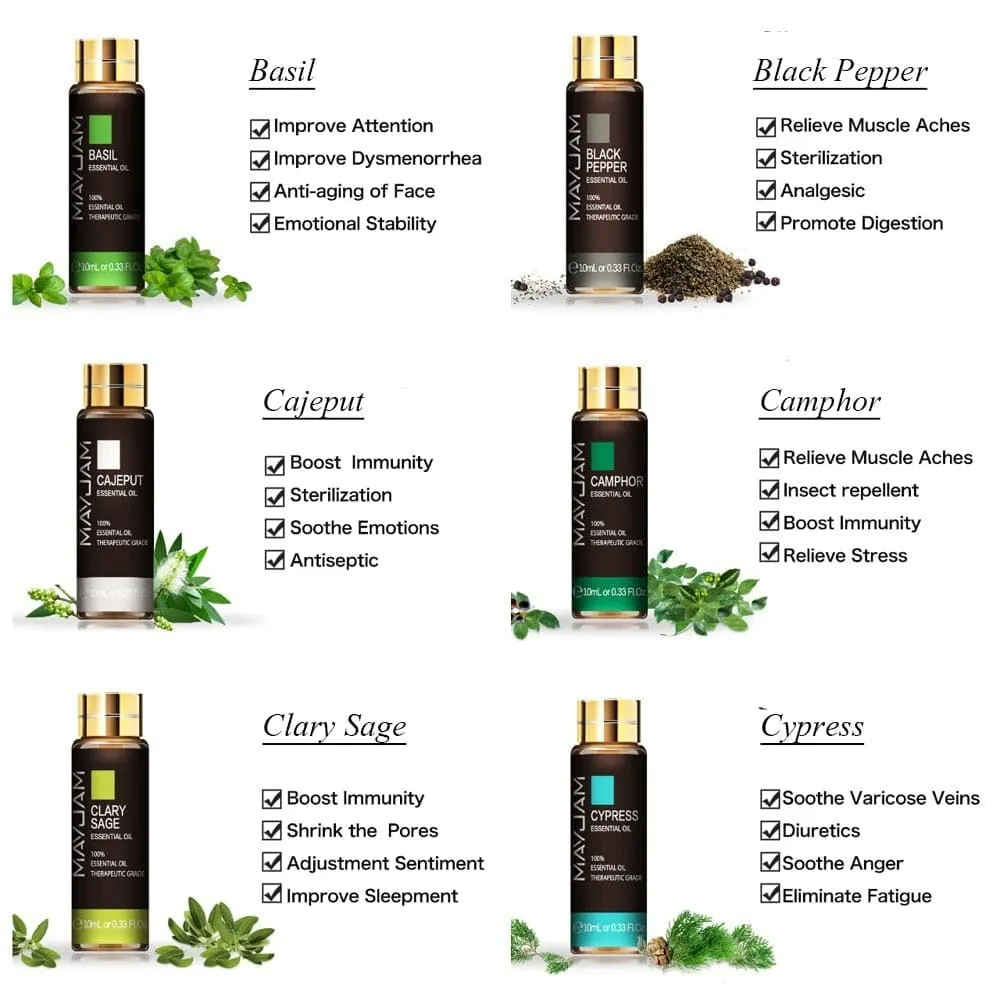 10ml Pure Natural Sage Body Essential Oils Basil Vetiver Myrrh Camphor Pepper