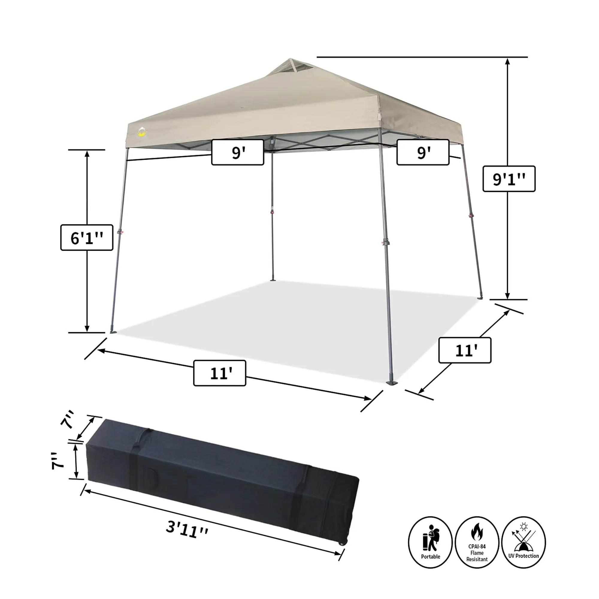 11' x 11' Base 9' x 9' Top Instant Pop Up Canopy w/Carry Bag, Beige (Open Box)