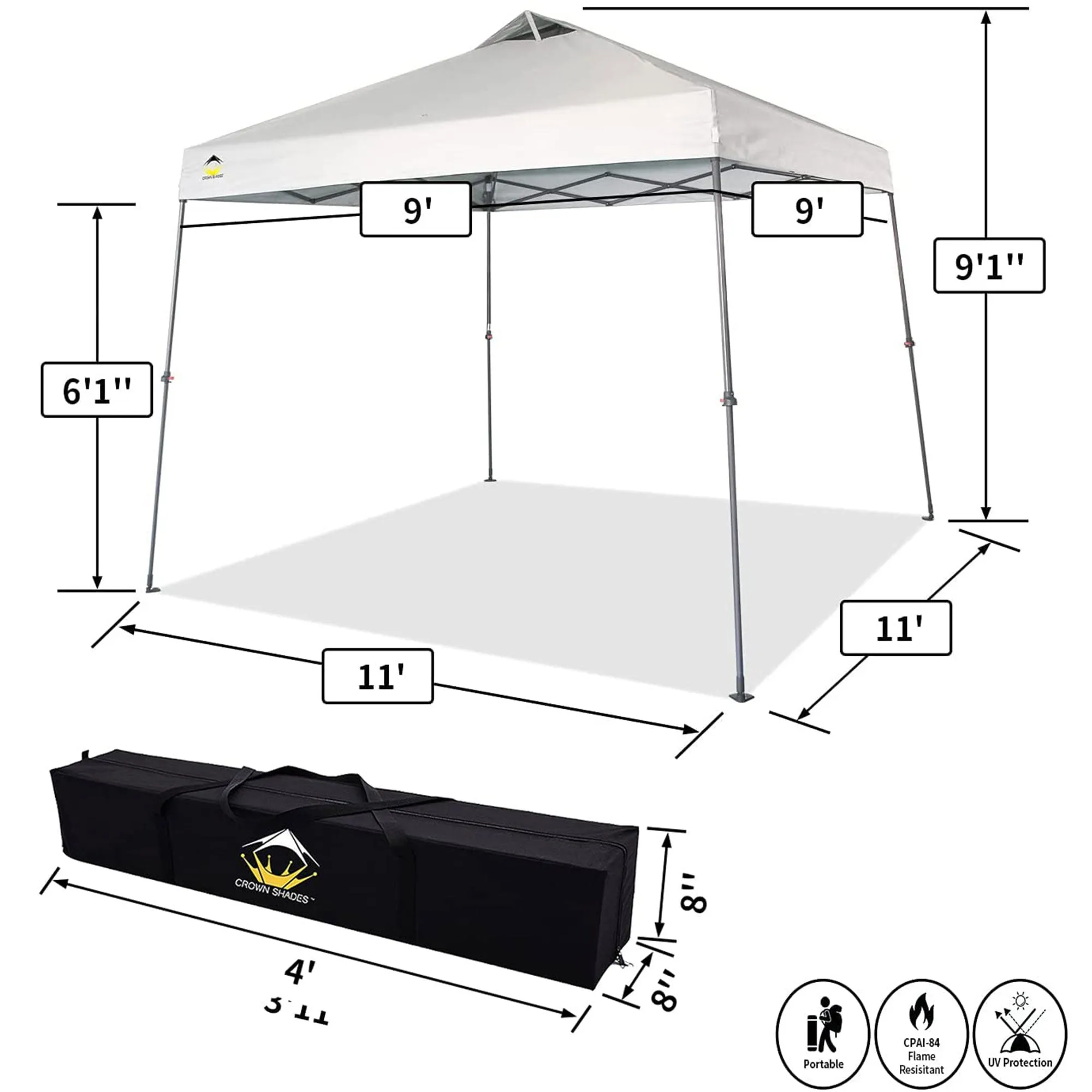 11' x 11' Base 9' x 9' Top Instant Pop Up Canopy w/Carry Bag, White (Open Box)