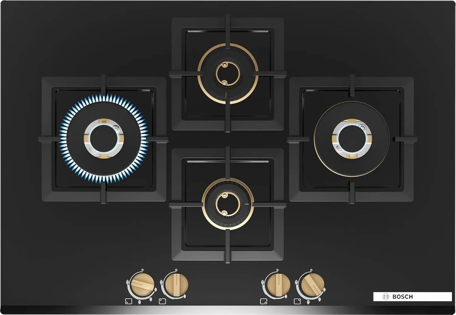 Bosch PNI7B6G20I 75 cm Built-in Gas Hob  4 Burner, Full Brass 3D Ring Burners, Auto Ignition, Tempered Glass, Cast Iron Pan Supports, Black