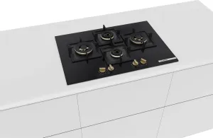 Bosch PNI7B6G20I 75 cm Built-in Gas Hob  4 Burner, Full Brass 3D Ring Burners, Auto Ignition, Tempered Glass, Cast Iron Pan Supports, Black