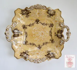 Circa 1835 Rare Yellow Two Color Transferware Handled Serving Tray Plate Bon Bon Dish Etruscan Festoon Ridgway