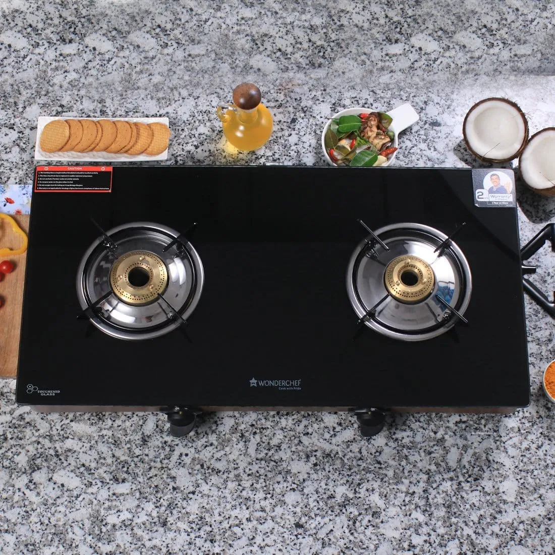 Eco Star 2 Burner Glass Cooktop,  Black 8mm Toughened Glass with 1 Year Warranty, Ergonomic Knobs, Efficient Brass Burners, Stainless-steel Spill Tray, Manual Ignition