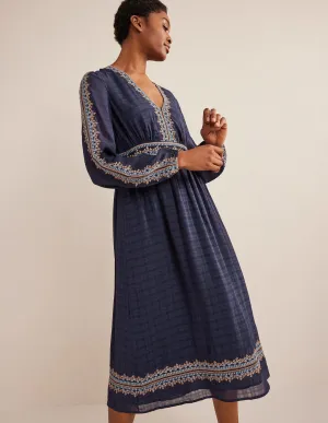 Embroidered V-neck Midi Dress-Navy