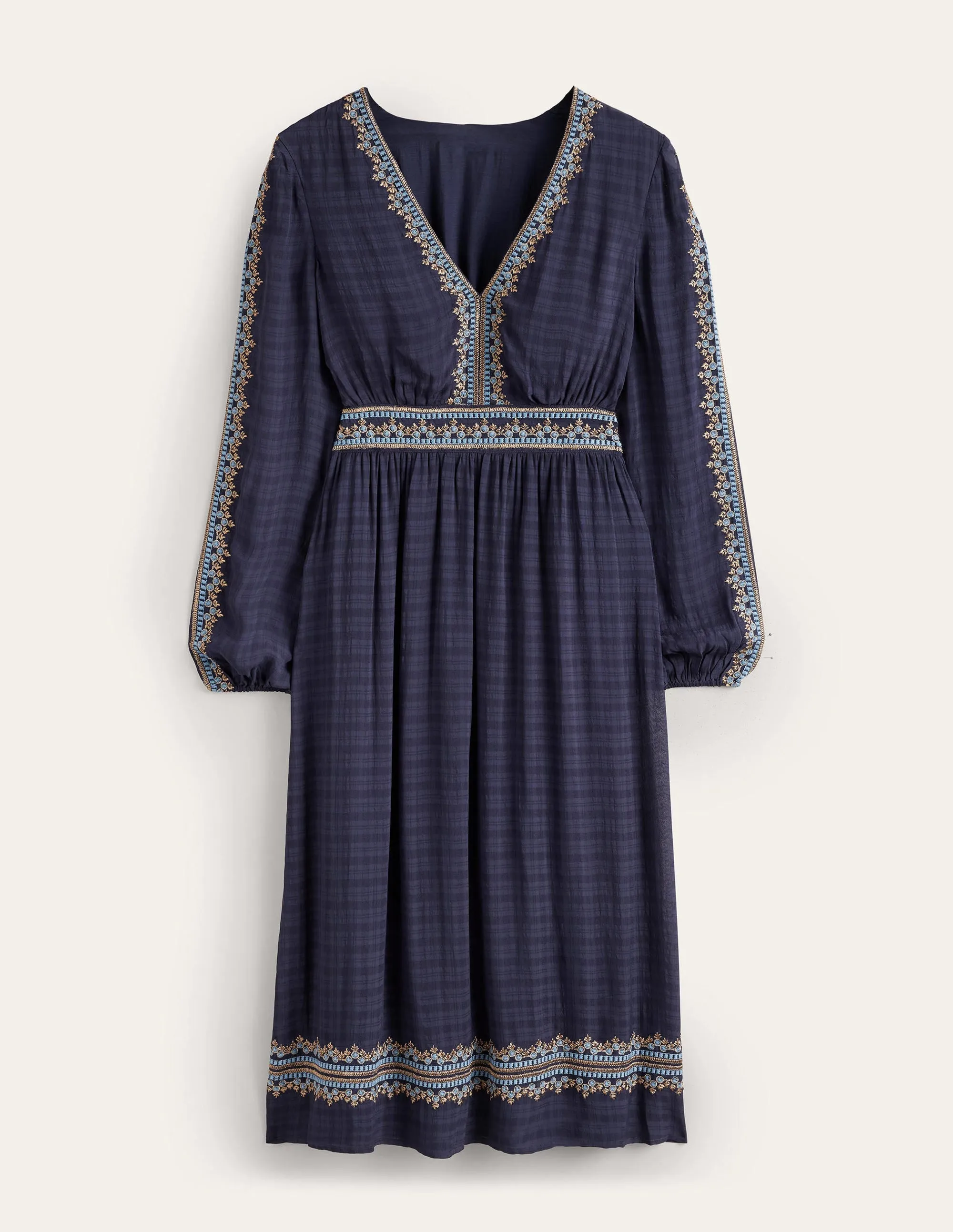 Embroidered V-neck Midi Dress-Navy