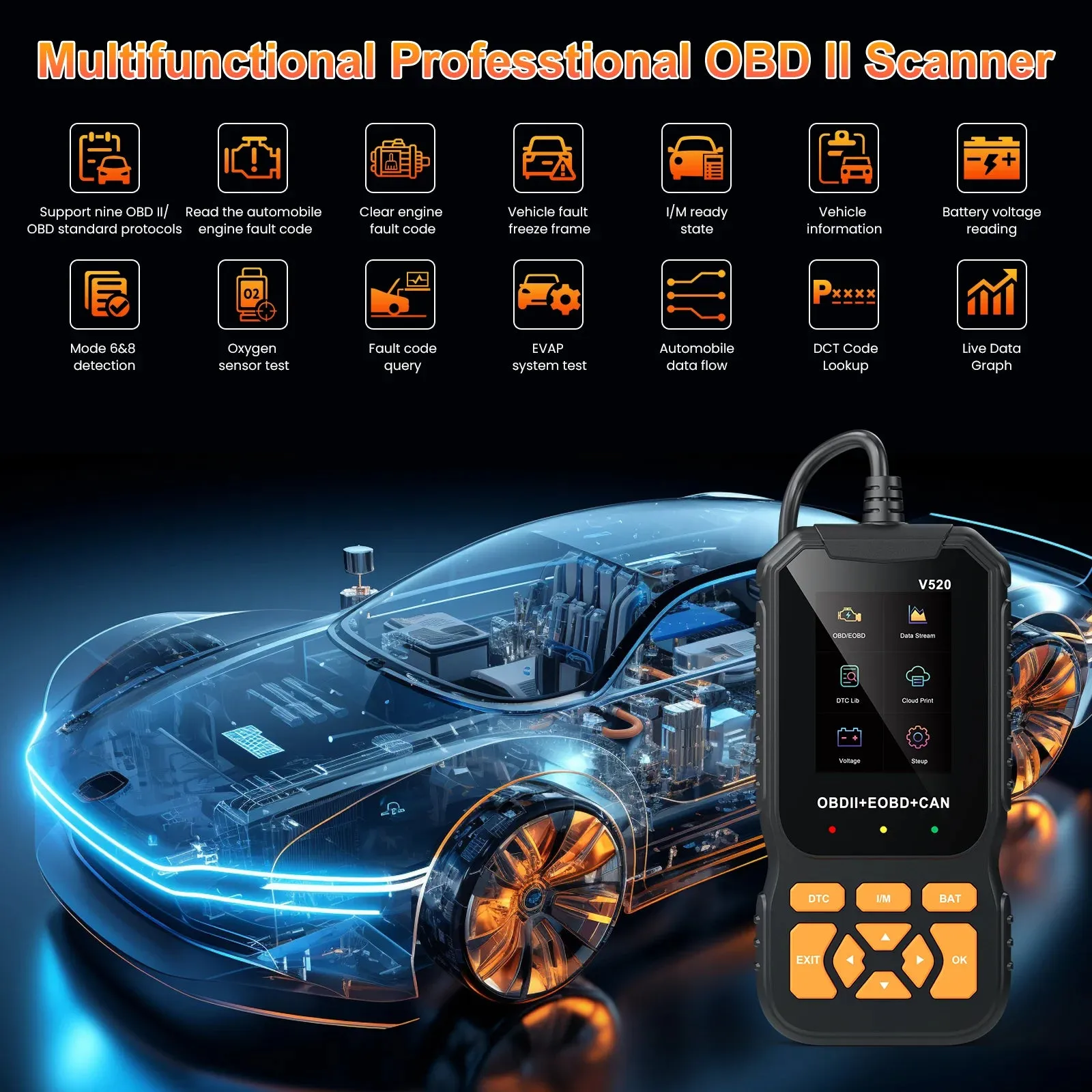 HOMPOW  OBD II  Scanner  Professional Auto Tool for All  Vehicles Live Data ,Universal Check Engine Car  Code Reader /Erase Fault Code,35,901 DTCs,Cloud Data Print,Voltage Test