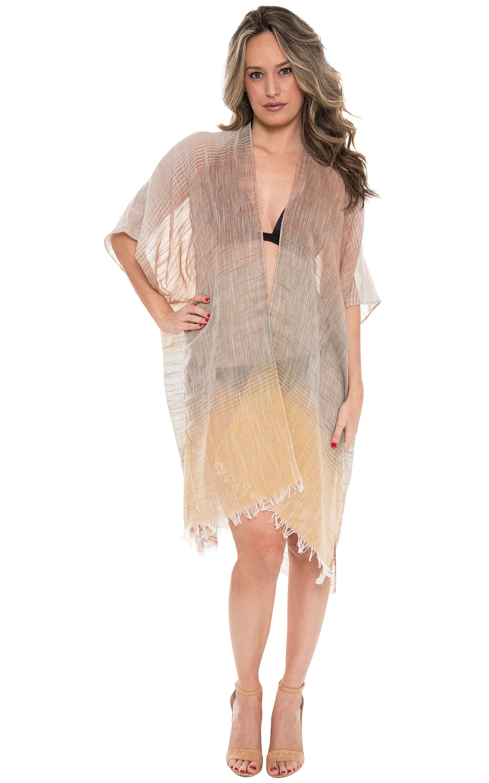 JP1615 Three Tone Ombre W/ Fringe  Kimono