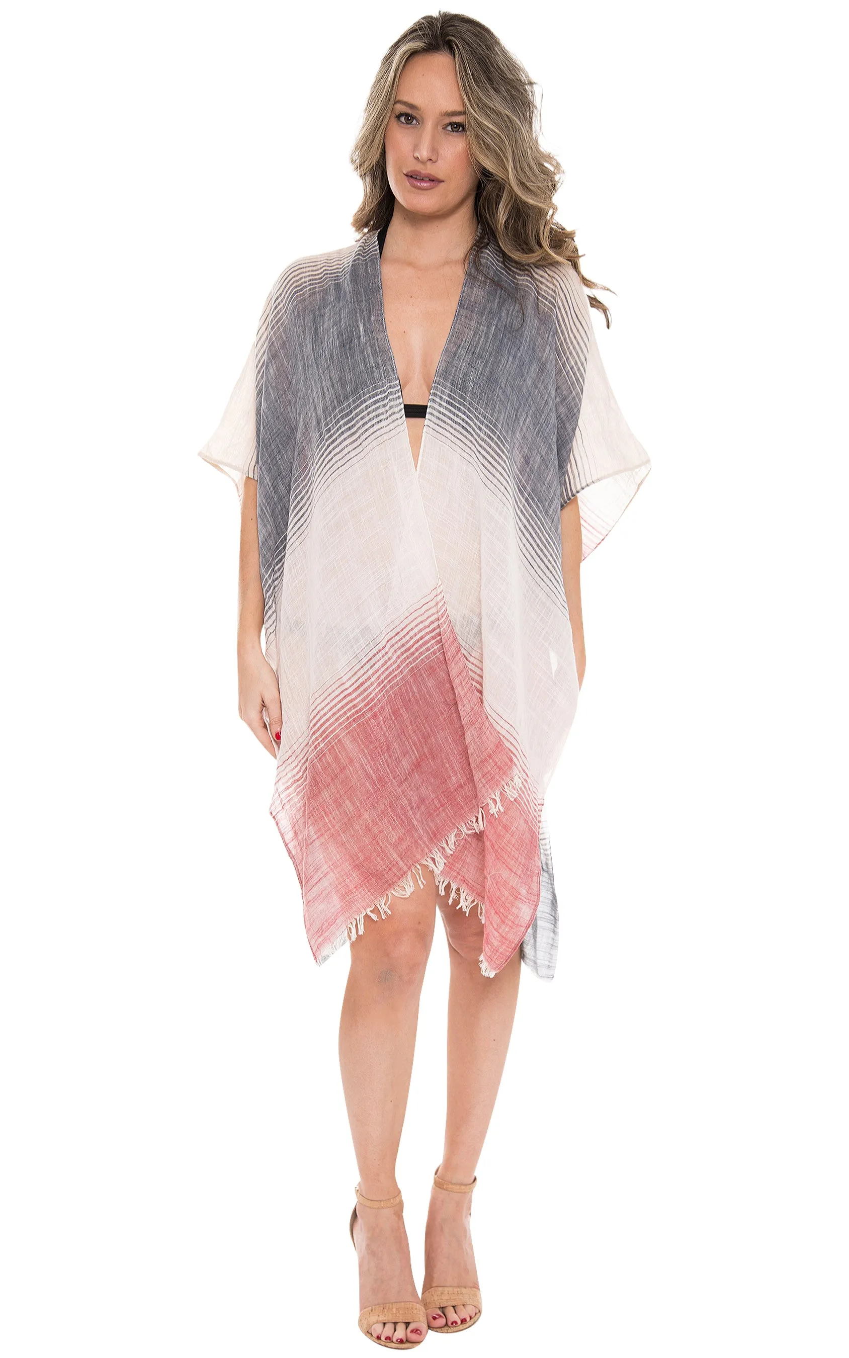 JP1615 Three Tone Ombre W/ Fringe  Kimono