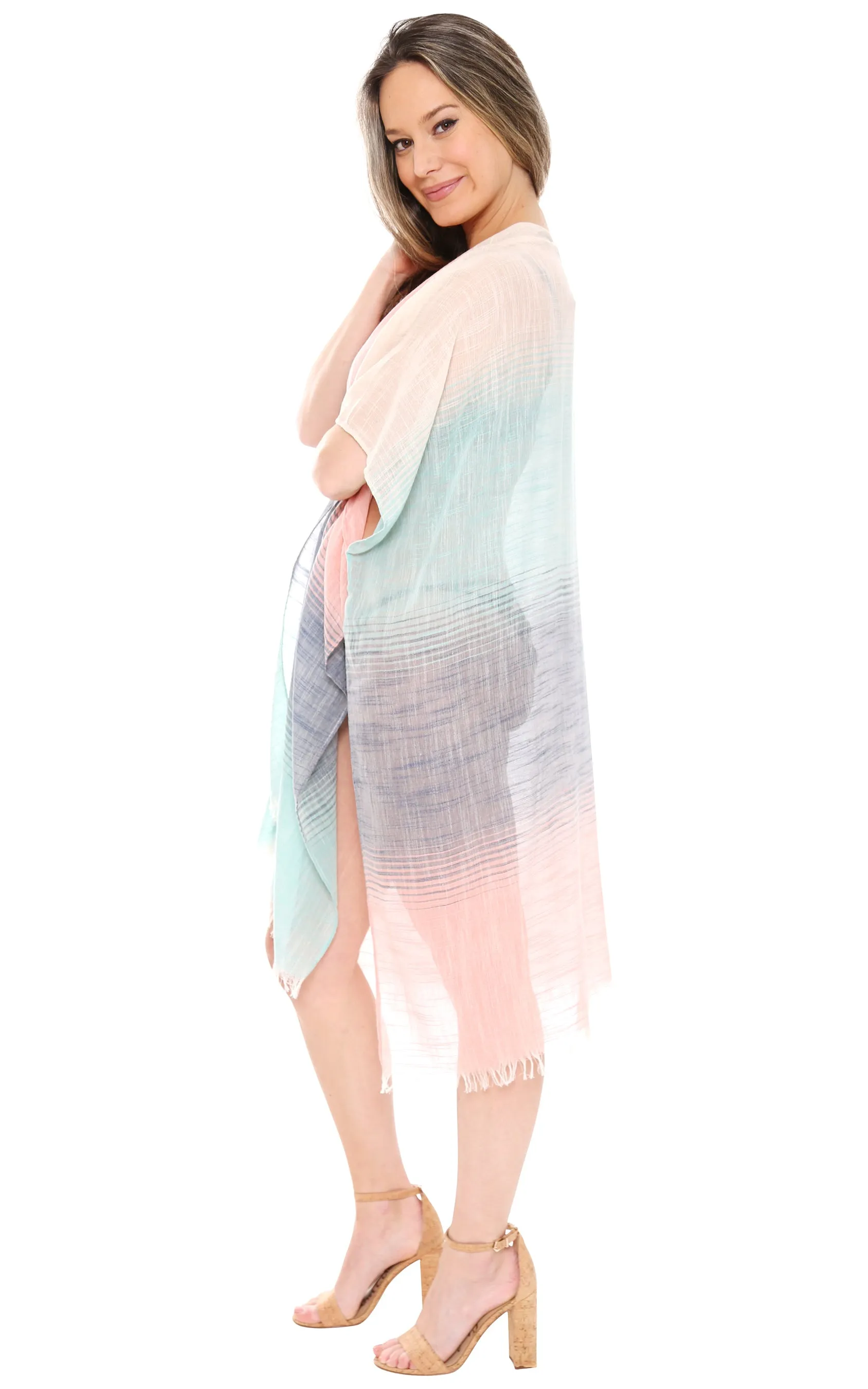 JP1615 Three Tone Ombre W/ Fringe  Kimono
