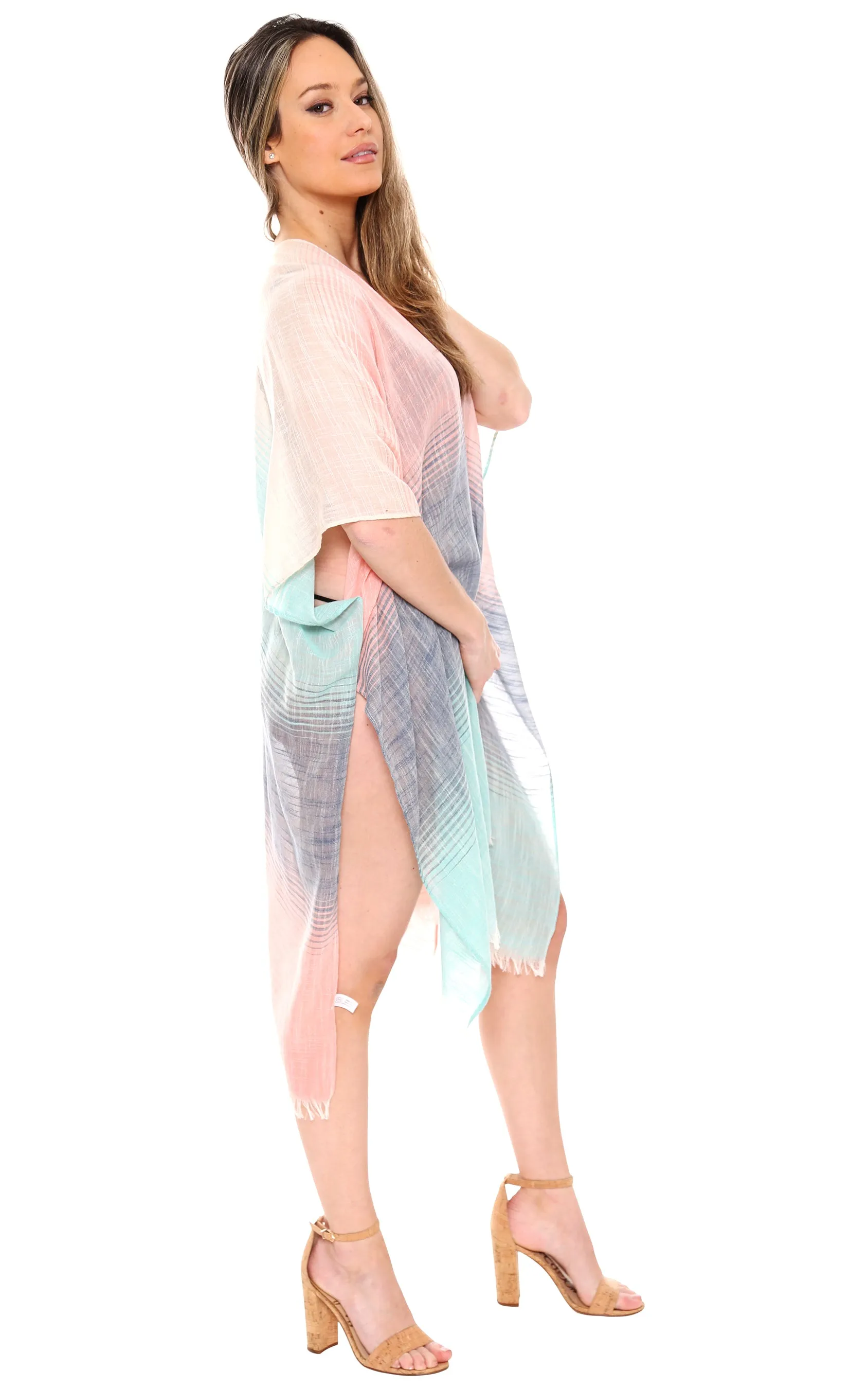 JP1615 Three Tone Ombre W/ Fringe  Kimono