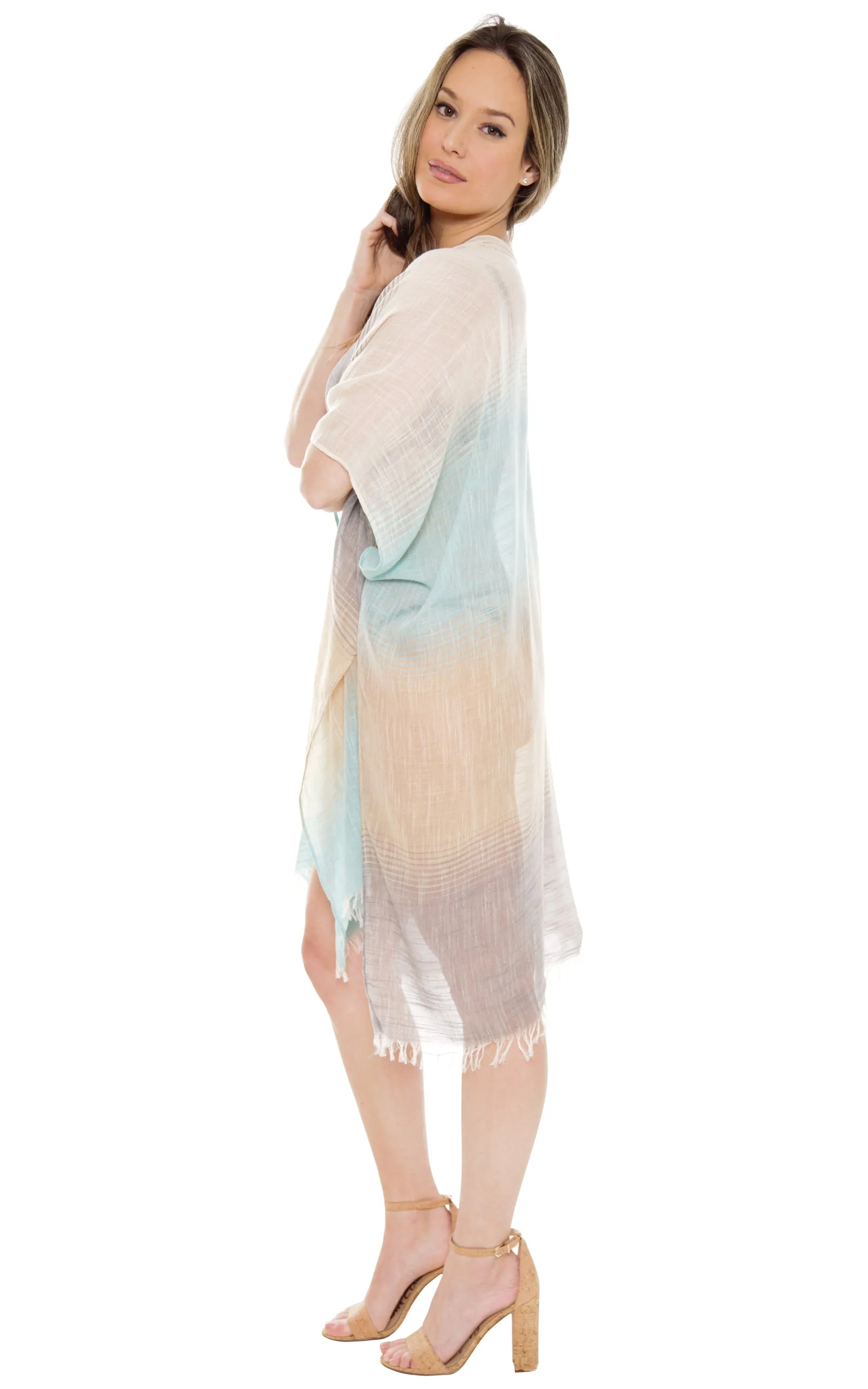 JP1615 Three Tone Ombre W/ Fringe  Kimono
