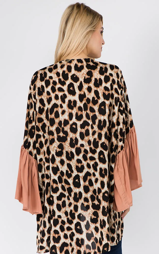 KP1C97 Leopard Pattern Ruffle Sleeves Kimono