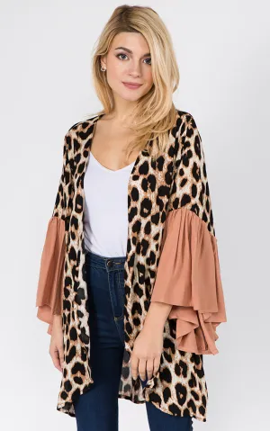 KP1C97 Leopard Pattern Ruffle Sleeves Kimono