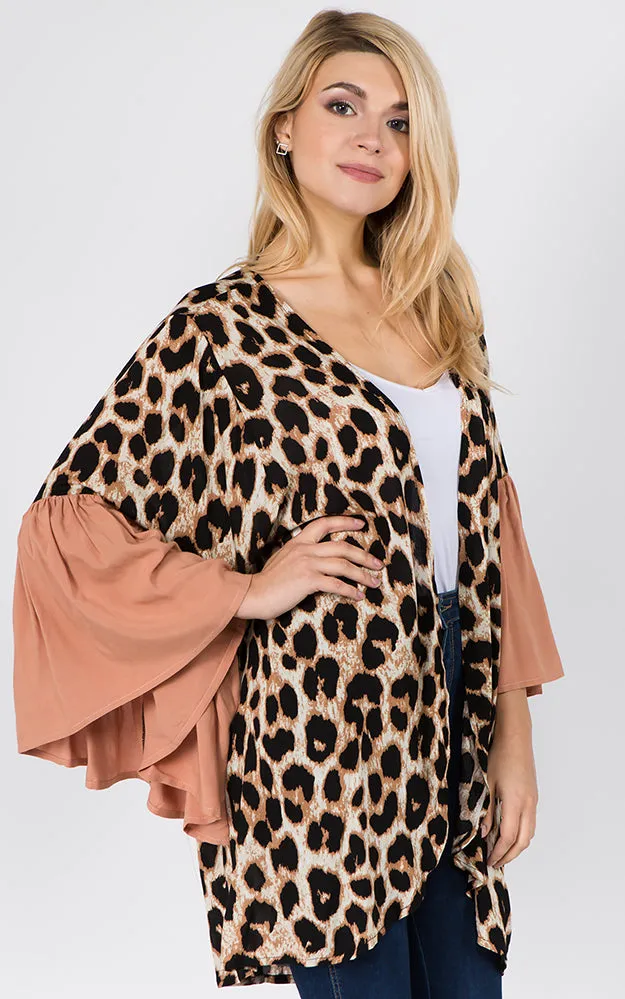 KP1C97 Leopard Pattern Ruffle Sleeves Kimono