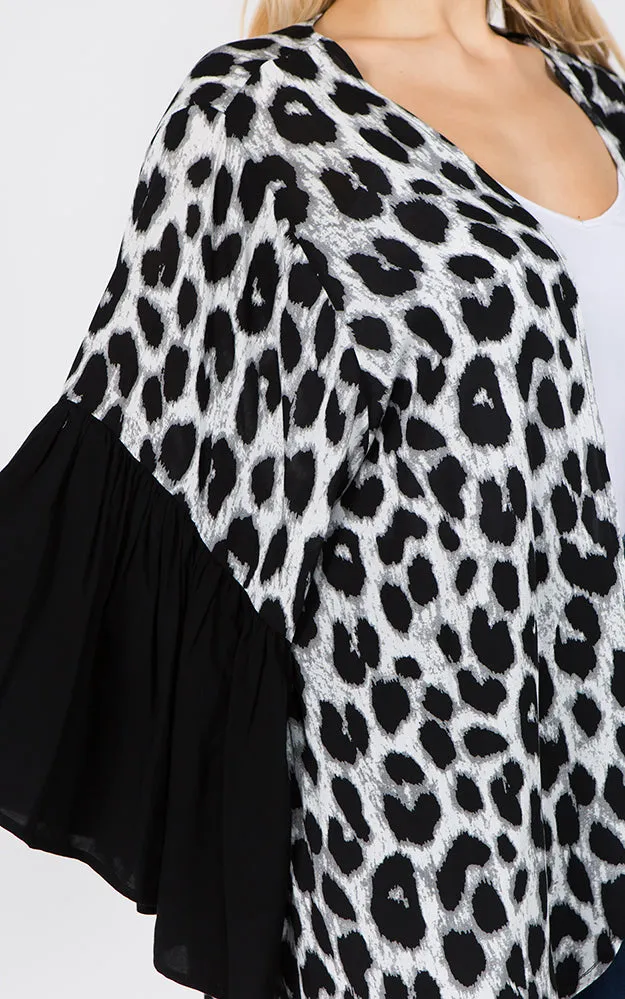 KP1C97 Leopard Pattern Ruffle Sleeves Kimono