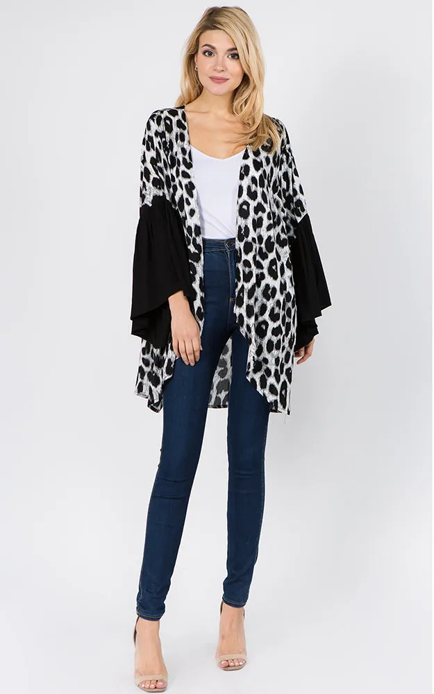 KP1C97 Leopard Pattern Ruffle Sleeves Kimono