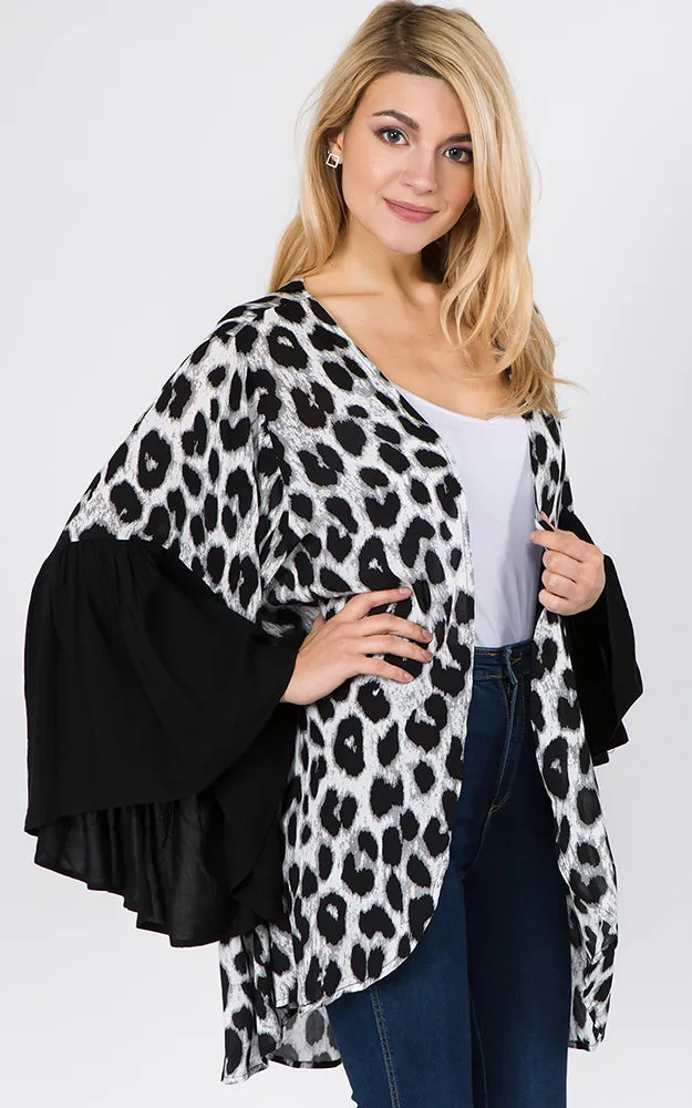 KP1C97 Leopard Pattern Ruffle Sleeves Kimono