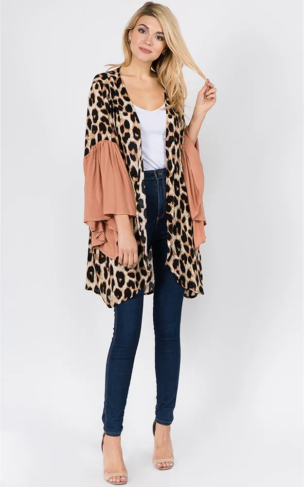 KP1C97 Leopard Pattern Ruffle Sleeves Kimono