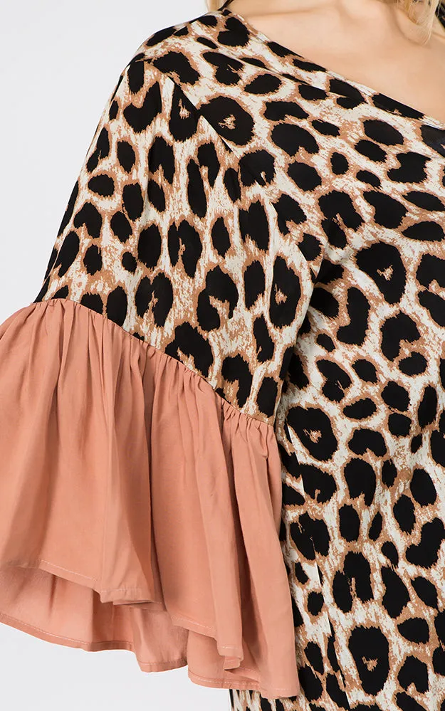 KP1C97 Leopard Pattern Ruffle Sleeves Kimono