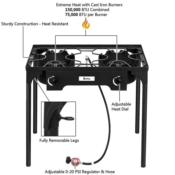 ZOKOP EX72 Double Burner Outdoor Camp Stove Gas Cooker  Portable Cast Iron Patio Cooking Burner